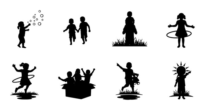 Children Silhouettes Collection: Playful Kids, Outdoor Activities, Childhood Joy, Vector Icons Set for Design