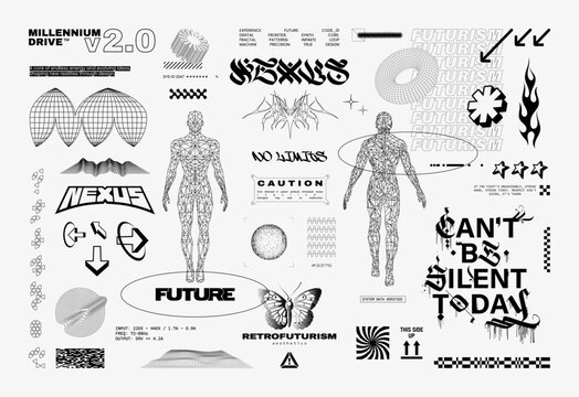 Retrofuturistic design elements. Sci-fi y2k collage with wireframe figures, 3D geometric shapes, abstract symbols, cyber lettering, HUD, UI, flame and other. Brutalism monochrome graphic box. Vector
