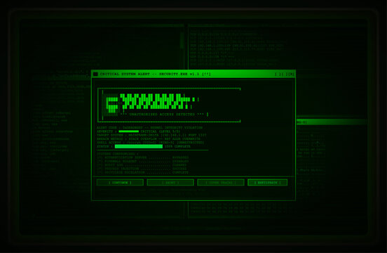 Old computer screen in crt style, hacker terminal security breach alert. Retrofuturistic old pc interface dashboard with showing a critical system alert. Crt screen dashboard with ascii. Vector