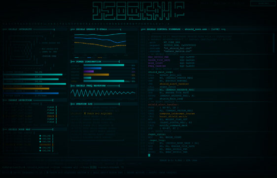 Futuristic Cybersecurity Command Interface Display in CRT Style. Retrofuturistic crt Glowing teal science fiction dashboard with ascii art. Retro terminal data on a dark screen. Vector admin panel