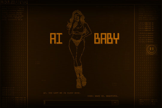 AI Girl Chat on Retro CRT Terminal Screen. Retrofuturistic CRT-style computer interface showing a chat with a female AI avatar. Ascii art girls with lettering. Chatbot artificial intelligence women. 