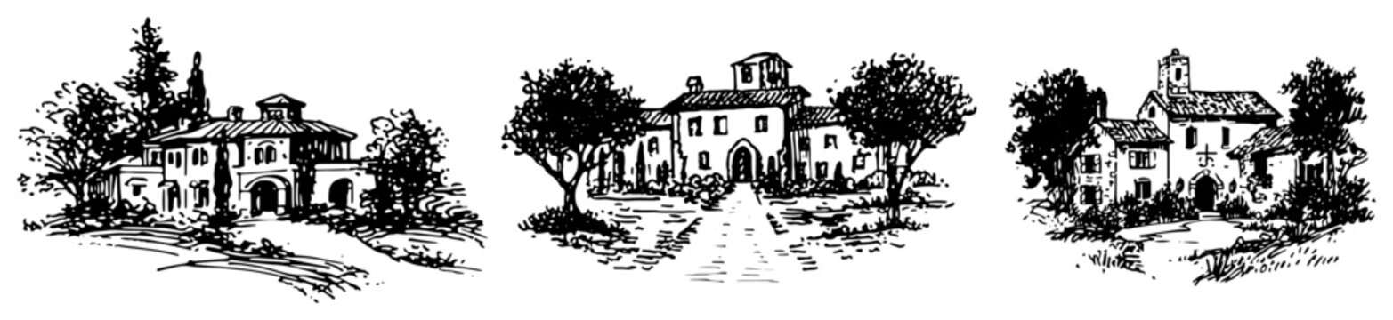 Mediterranean villas and rustic country houses set in hand drawn engraving style
