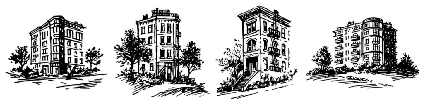 Urban apartment buildings and city brownstones in vintage engraving style