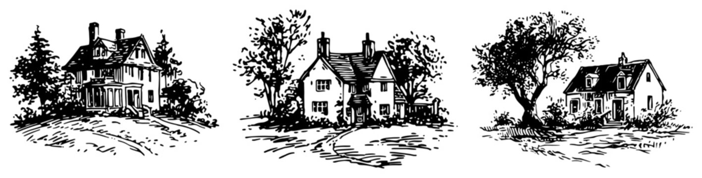 Traditional suburban cottages and rural houses with surrounding nature in vintage engraving style