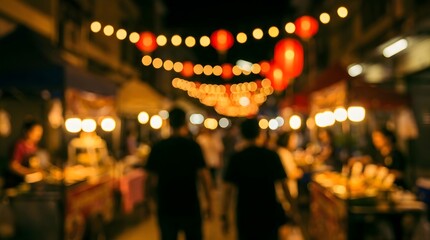 Fototapeta premium Bokeh night market with red lanterns, people walking under illuminated stalls, vibrant evening atmosphere