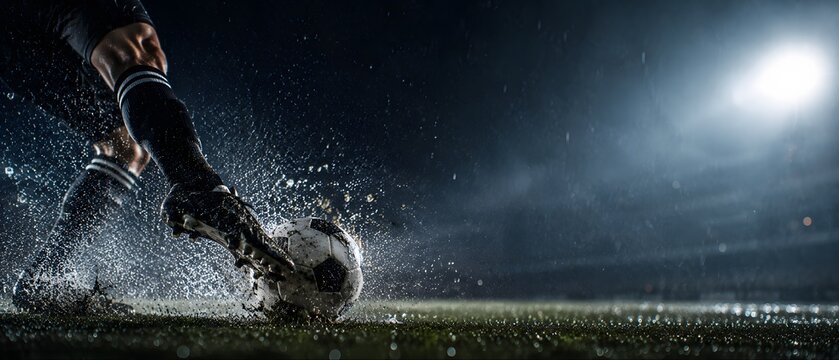 Close up of soccer player kicking football on wet grass field in rain