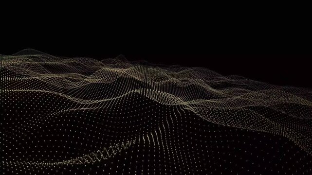 Ethereal Golden Particle Wave Motion Graphics on Black Background - Dynamic Digital Landscape for Tech Data Art