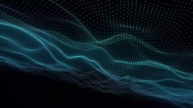 Cyan Digital Waves Motion Graphics Abstract Glowing Particle Grid Undulating Flow Data Visualization Technology and Connectivity Background