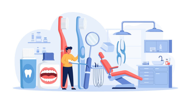 Dental hygiene and care tools in clinic, concept for oral health