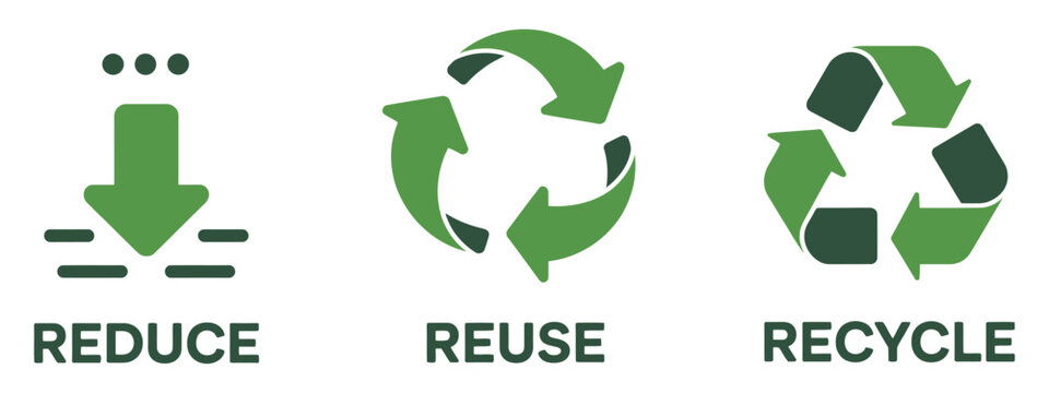 Reduce reuse recycle concept illustration displaying eco friendly symbols, circular recycling arrows, and green sustainability icons for environmental awareness campaigns. Vector illustration.