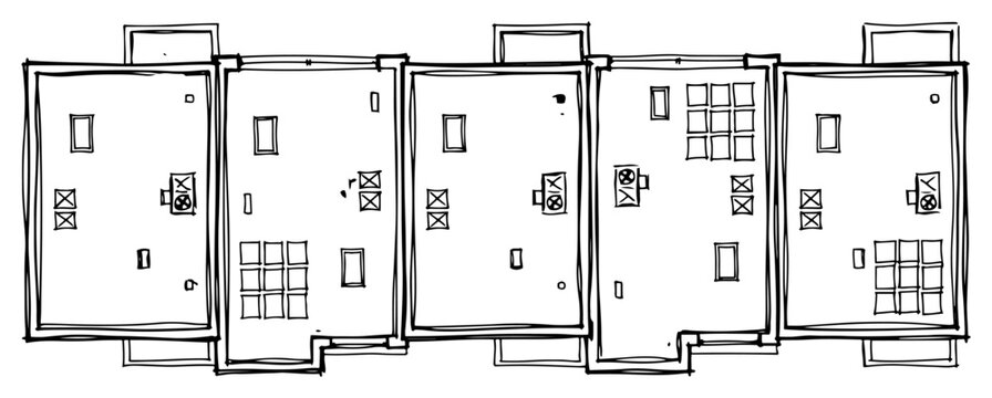 Architectural floor plan layout of building units with interior room divisions in hand drawn sketch style