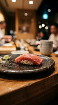 Extreme close up zoom of fresh sushi slice in modern Tokyo restaurant warm wooden interior blurred background