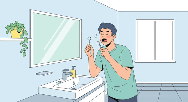 Man brushing teeth in bathroom, healthcare, hygiene, morning routine, flat illustration