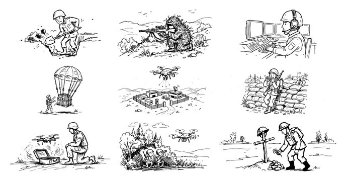 Military operation scenes set with soldiers drones and field activities in hand drawn sketch style