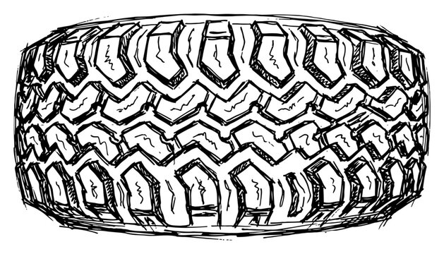 Off road tire with deep tread pattern in hand drawn doodle style