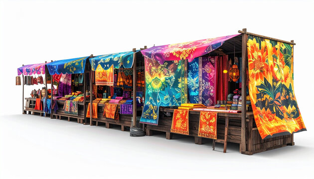 Vibrant outdoor market stalls with colorful fabrics and textiles on display