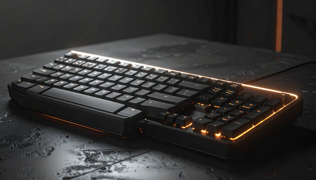 Black keyboard with orange backlight on dark surface