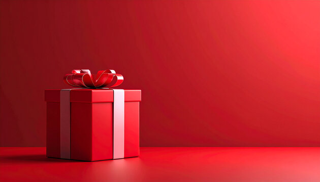 Red gift box with ribbon on solid red background