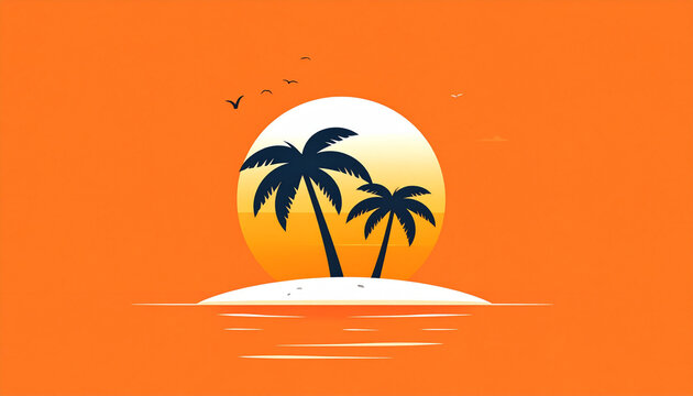 Sunset on a tropical island with palm trees and calm sea