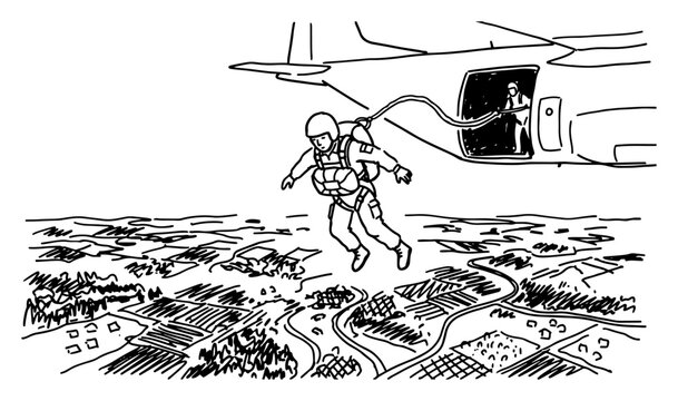 Paratrooper jumping from airplane over countryside landscape in hand drawn sketch style