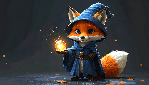Little fox wizard with glowing magic ball in hand standing alone