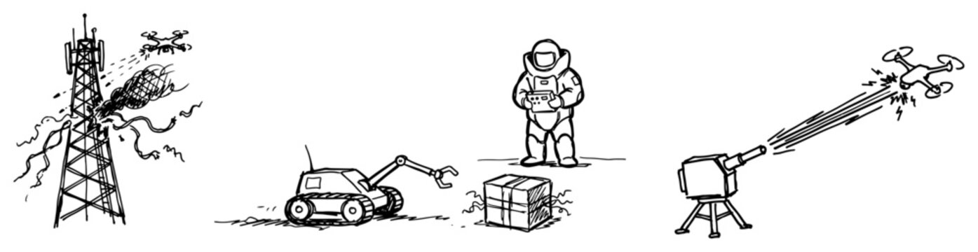 Futuristic robotic technology including drones and scientists in hand drawn sketch style