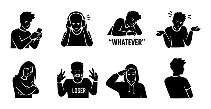 Modern Silhouette Icons: Teenager Emotions, Gestures, and Attitudes, Vector Set for Digital Graphics