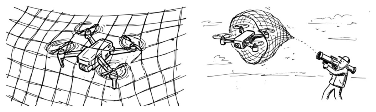 Drone capture scenes showing a quadcopter caught in a net in hand drawn sketch style