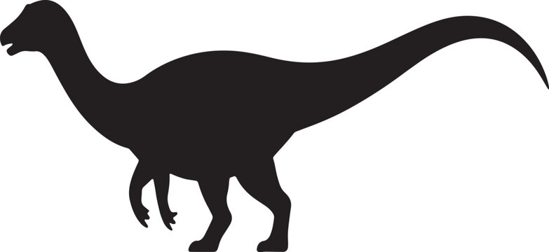 Black silhouette of a bipedal dinosaur with a long tail and neck white prehistoric