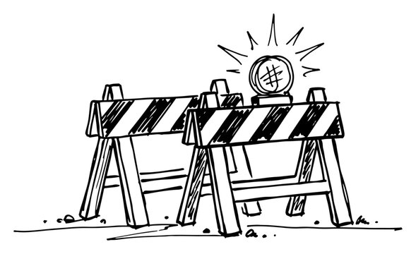 Road construction barriers with warning light on top in hand drawn sketch style