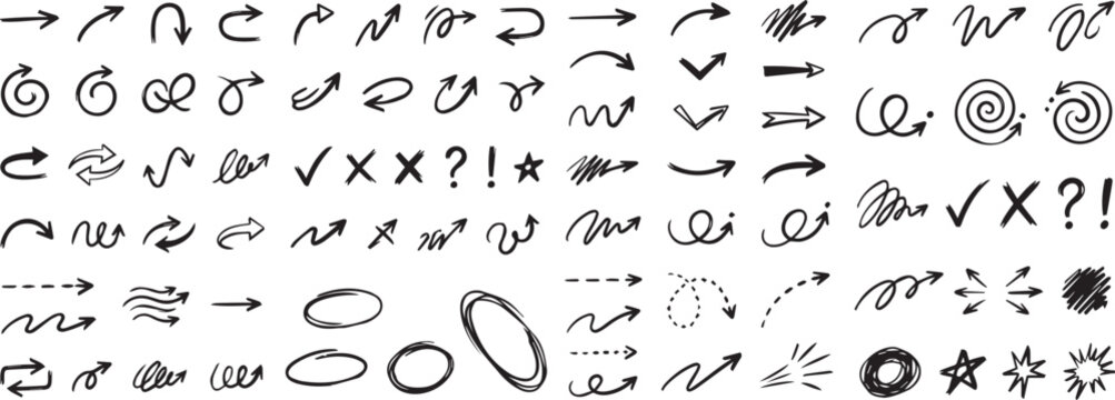 Sketchy arrow set with pen, crayon and chalk effects. Hand drawn style with brush and pencil strokes. Flat vector illustration isolated on white. Distressed rough texture for creative design.