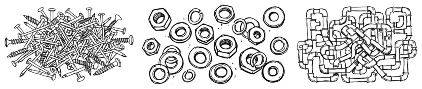Hardware items including screws nuts and plumbing pipes in hand drawn doodle style