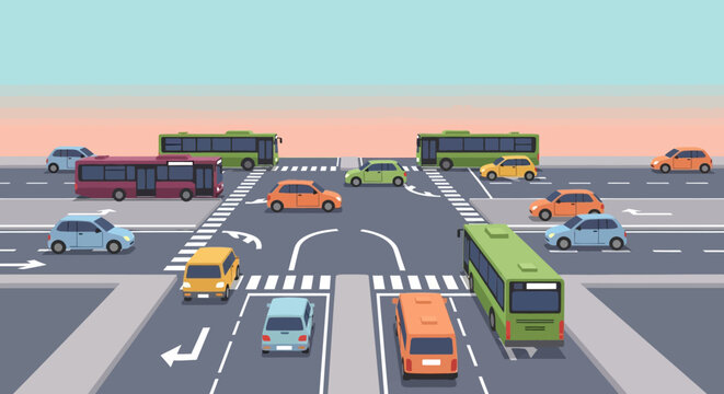 Busy City Intersection with Cars and Buses, Traffic Flow