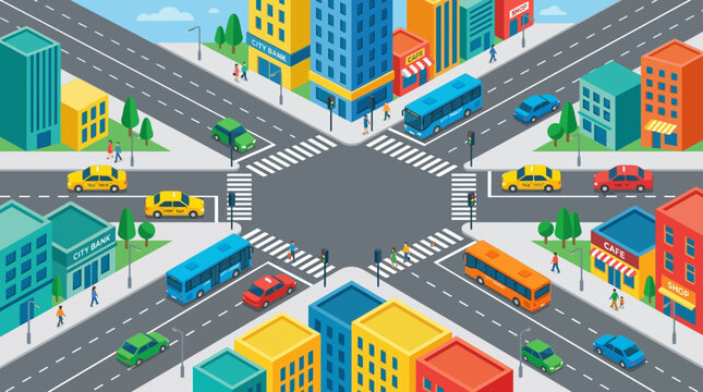 Busy intersection in colorful isometric city with vehicles, pedestrians and buildings.