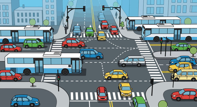 Busy city intersection with cars, buses, and traffic signals in illustrative style.