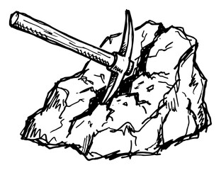 Pickaxe tool stuck in large rock for mining in hand drawn sketch style © Amelia