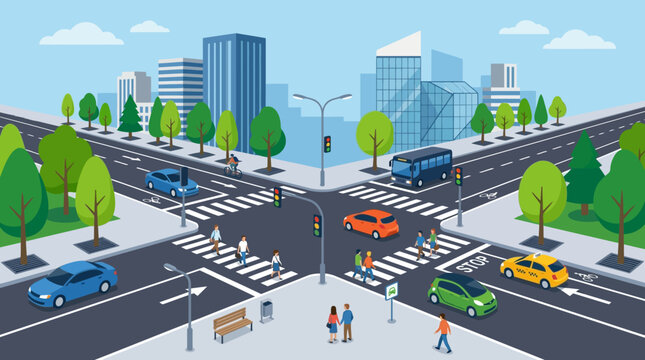 Busy city intersection with traffic and pedestrians, flat vector illustration