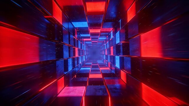Futuristic tunnel with glowing red and blue cubes forming a digital corridor