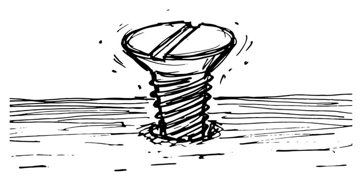 Metal screw fastener driven into wooden surface in hand drawn doodle style