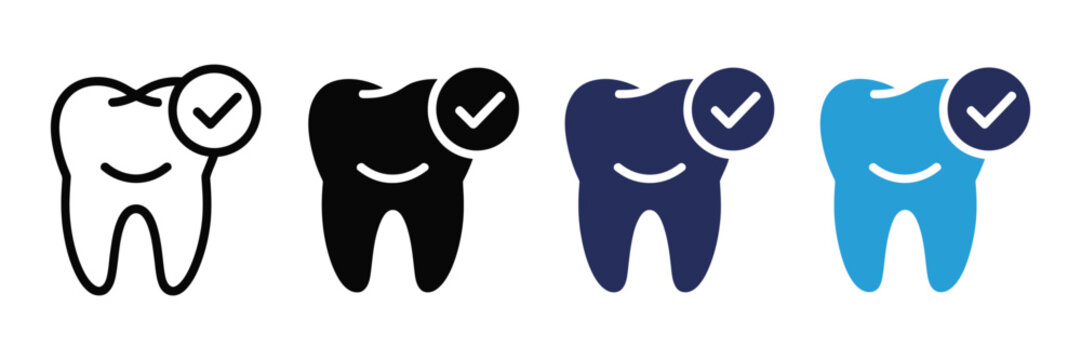 Set of tooth icons with check mark, dental care and healthy teeth symbols, vector illustration