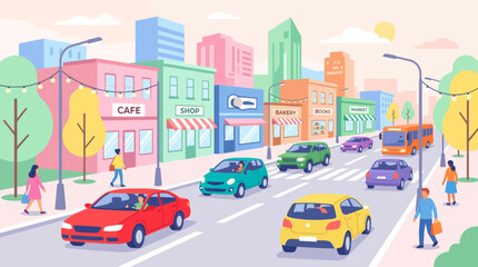 Fototapeta premium Busy city street scene with colorful cars, buildings, and pedestrians