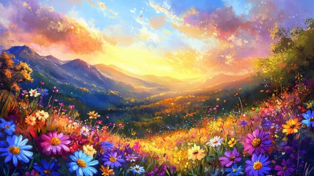 Breathtaking Mountain Landscape Adorned With Vibrant Wildflowers During a Radiant Golden Hour Sunset