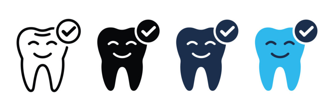 Set of healthy tooth icons with check mark, dental care and oral hygiene concept vector illustration