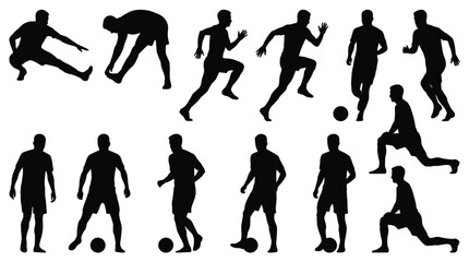 Black silhouettes of soccer players in various poses, kicking and running with balls football © Graphic Shops