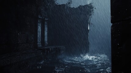 Fototapeta premium Dramatic coastal storm with heavy rain and powerful crashing waves against ancient structures