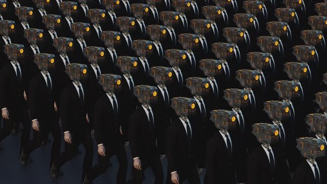 Endless 3d animation loop of humanoid cyborgs with technology heads wearing business suits. Concept of total control, mass monitoring, privacy loss and futuristic corporate dictatorship.