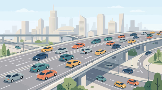 City traffic jam on highway overpass with skyscrapers in background, urban commute
