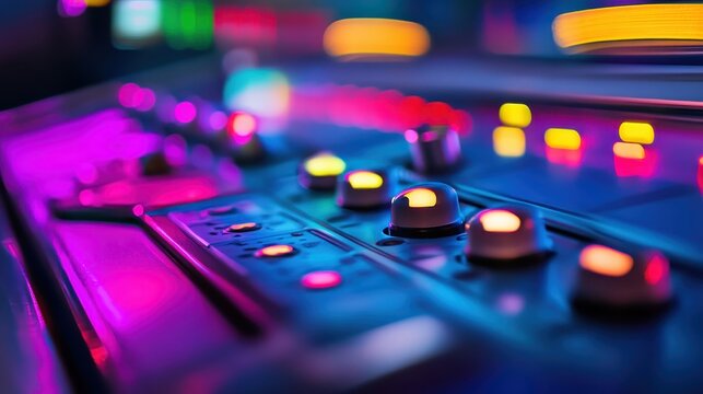 Close-up view of an industrial control panel with glowing buttons and knobs illuminated by vibrant, colorful lights, representing advanced technology.