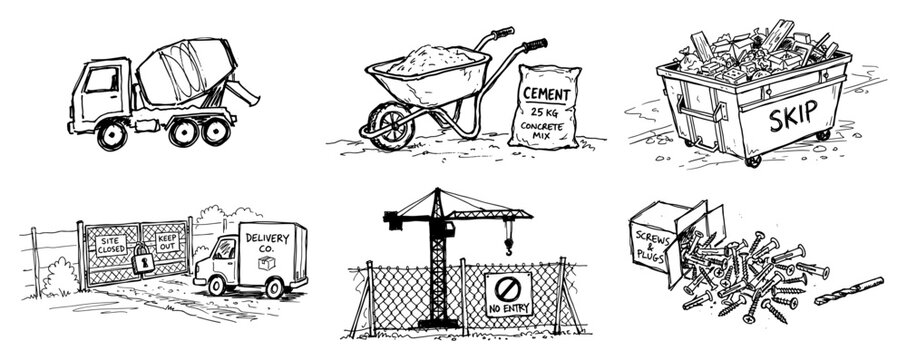 Construction logistics and equipment set featuring truck skip and tools in hand drawn sketch style