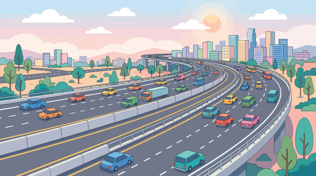 Busy highway traffic and cityscape at sunset | Transportation and urban life